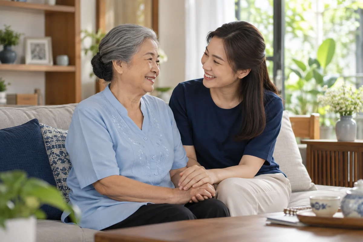 Người mẹ và con gái trò chuyện, nắm tay trong phòng khách